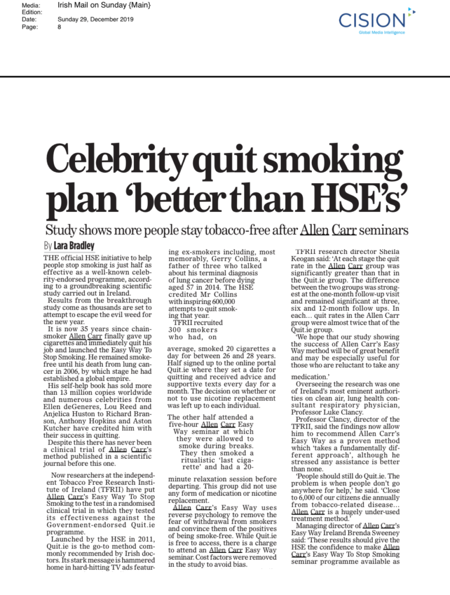 Mail on Sunday 29 Dec 2019 Allen Carr quit smoking plan better than Irish Health Service
